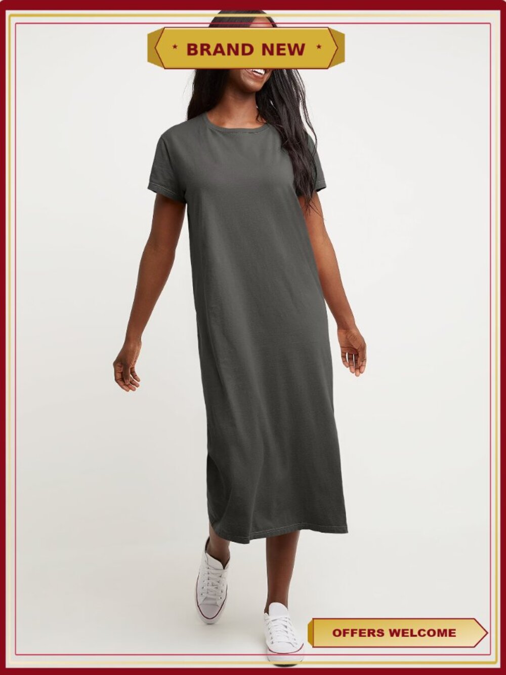 Garment Dyed Midi Dress Short Sleeve Crewneck Vintage Washed